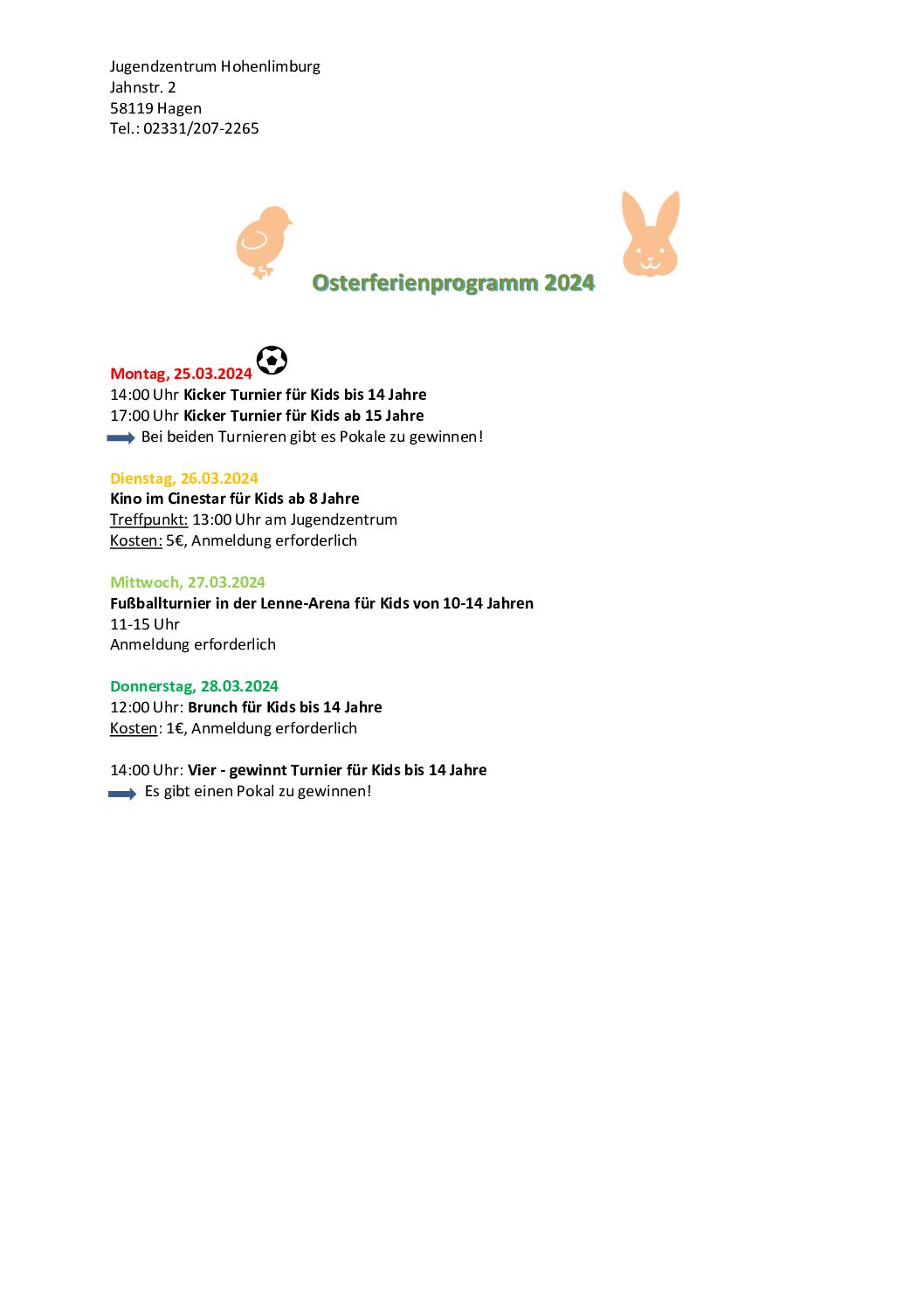 Osterferienprogramm 2024 Jugendzentrum Hohenlimburg